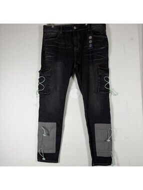 Serenede Men's Black Cargo Jeans Slim Fit Drawstring Detail Size 42 D-11
